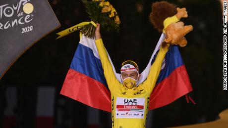 After winning the 107th edition of the Tour de France cycling race, Slovenia's Tadez Pogacar wore the leader's yellow jersey.
