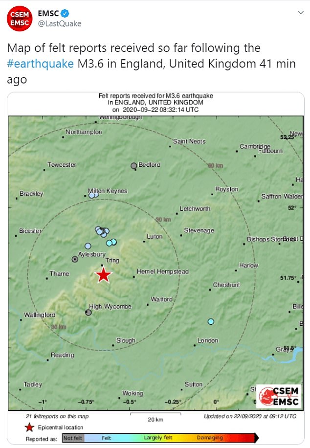 Independent Scientific Organization, EMSC, Earthquake report of about 3.6 magnitude and slightly southwest, near the village of Tring