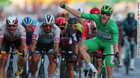 Team Decinink Rider Ireland's Sam Bennett takes the final leg of the 107th edition of the Tour de France at the Champs Elysees to confirm the victory of his green jersey classification.