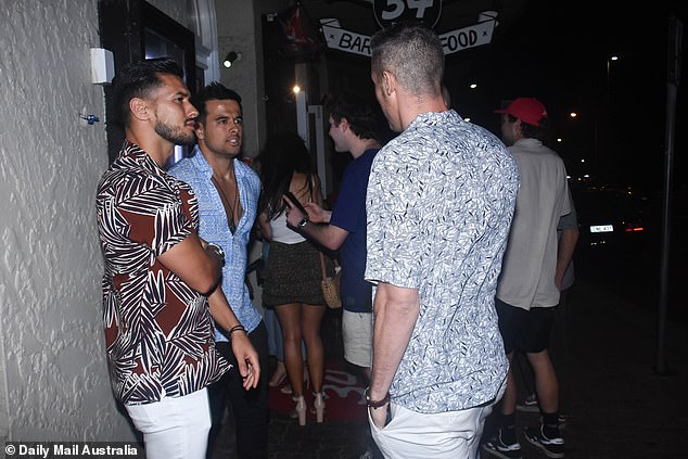 Reconnected: On Sunday, Pascal was seen greeting fellow bachelorette contestants at the famous Bondi 34 Bondi, Bondi Beach, Sydney.  Pictured LR: Rudy L. Kholti, Shannon Crocker and Pascal (right)