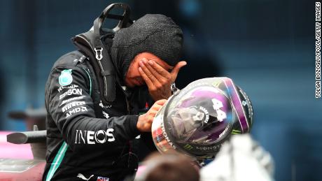 An emotional Hamilton after the race.  He later said he would probably celebrate with some ministron soup and wine. 