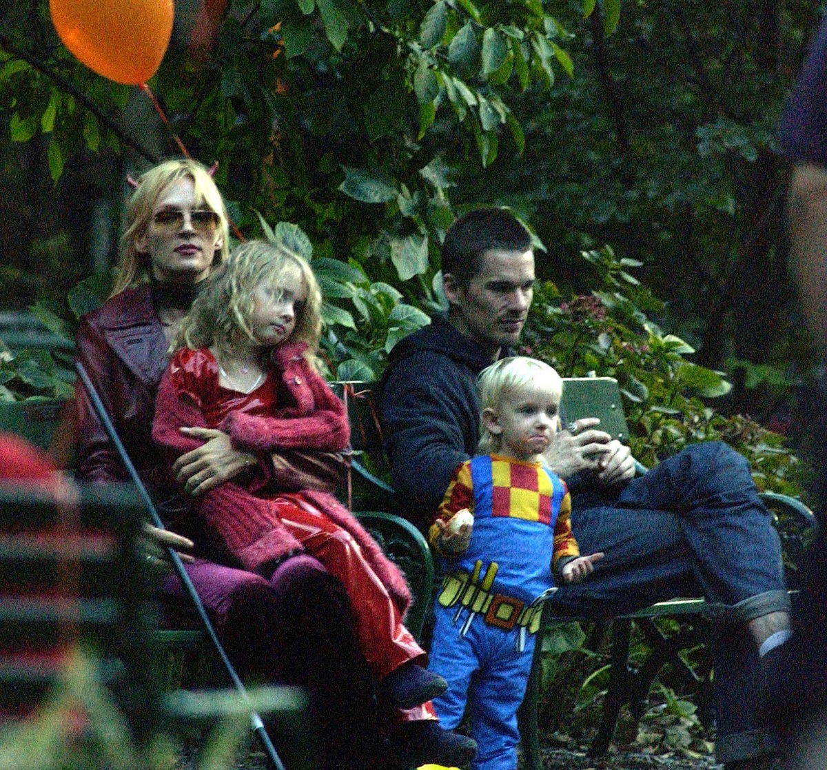 Ethan Hawk visits Uma Thurman and her children for Halloween on October 1, 2003 in New York City. 