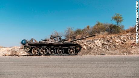 On November 22, 2020, a damaged tank was abandoned on a road near Humera, Ethiopia.