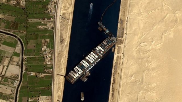 Satellite image shows ship stranded in channel