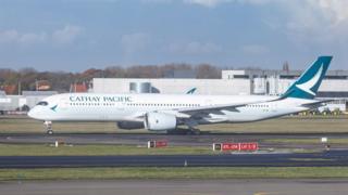 Cathay Pacific Airbus A350-900 aircraft as seen departing from Brussels National Airport.