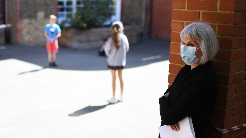 Teacher with a face-mask in school playground