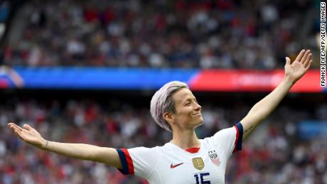 Rapinoe celebrates scoring her team&#39;s first goal during the 2019 Women&#39;s World Cup quarter-final against France.