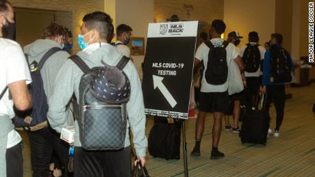 San Jose Earthquakes players check in for testing.