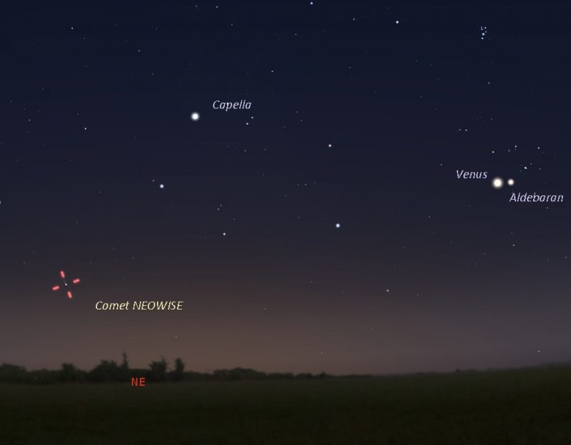 Chart of sky showing Venus, Aldebaran, Capella, and location of comet.