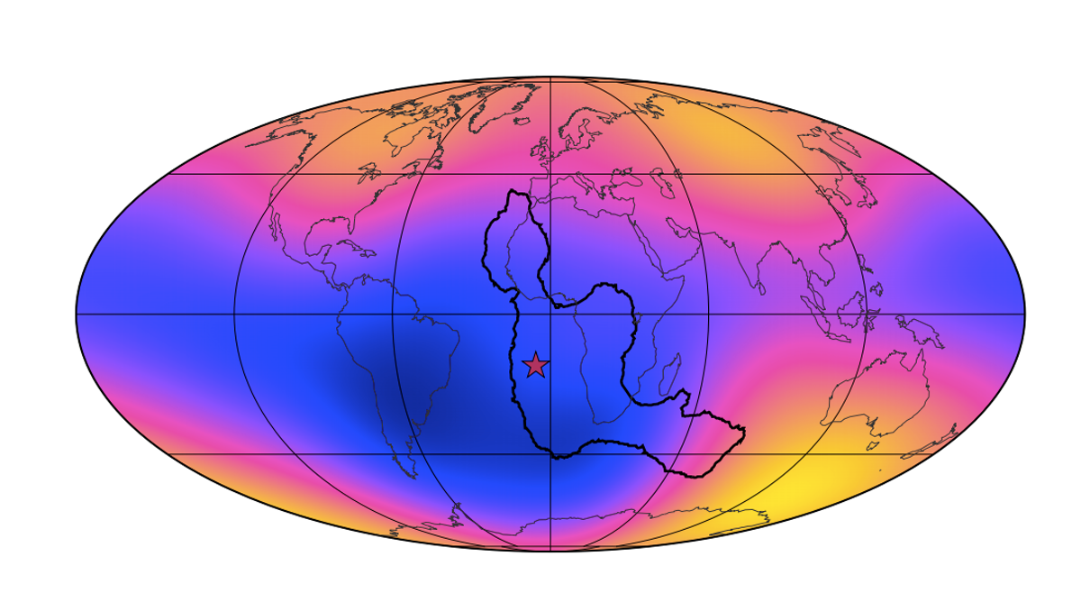 Stretched oval map of Earth with mostly blue along the middle and mostly red and black toward Arctic and Antarctic.