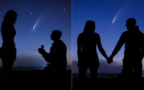 Man stages epic proposal before NEOWISE comet only visible every 6,800 years