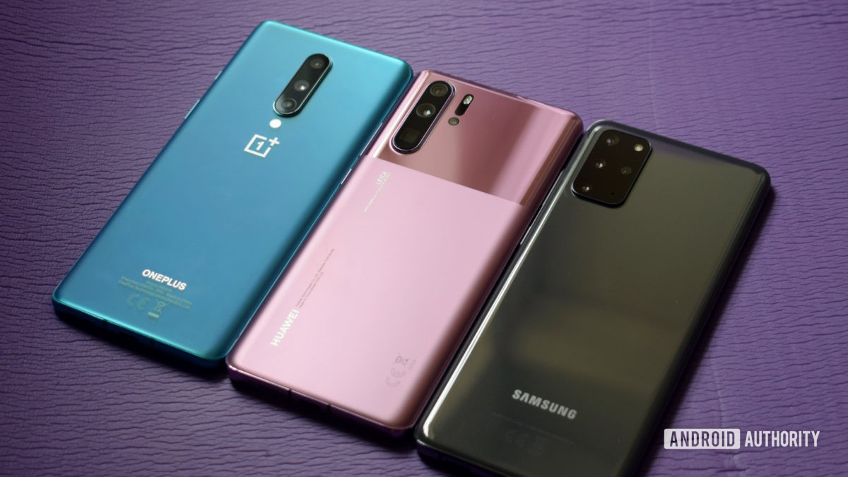A picture of the Huawei P30 Pro vs Samsung Galaxy S20 vs OnePlus 8 against a lavender background.