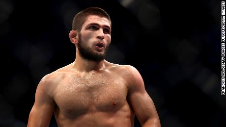 Khabib Nurmagomedov of Russia is pictured in his fight against Dustin Poirier  in their Lightweight Title Bout during the UFC 242 event at The Arena on September 07, 2019 in Abu Dhabi, United Arab Emirates.