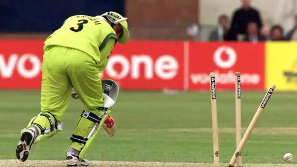 Pakistan’s Saleem Malik is clean bowled.
