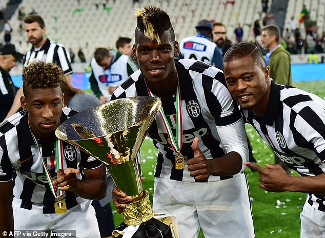 Coman (left) celebrates winning Serie A with Juventus during the 2014-15 campaign