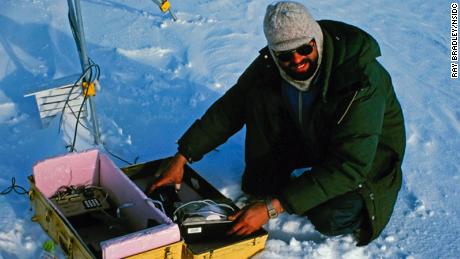 Mark Serreze conducting research on the St. Patrick Bay ice caps in 1982.