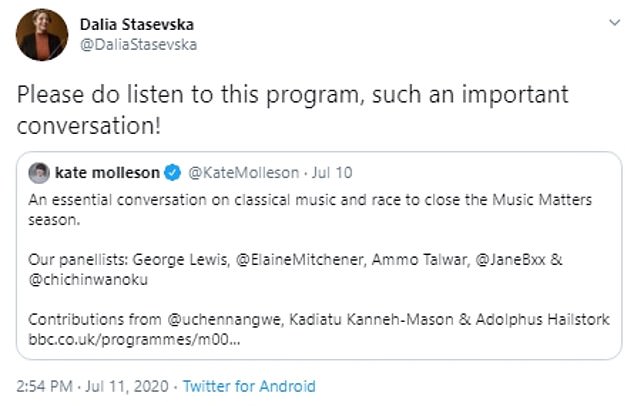 Last month she also encouraged her 2,100 Twitter followers to listen to a BBC Radio 3 debate about classical music and race, calling it an 'important conversation'
