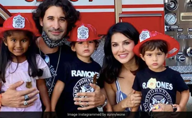 Sunny Leone's Kids Nisha, Asher And Noah Met Fire-Fighters And Took This Cute Pic