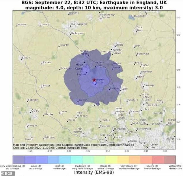The British Geological Survey (BGS) said the 3.0 magnitude quake was centered on Leythan Buzzard.  Image: A map showing how residents must have felt in the area around the quake