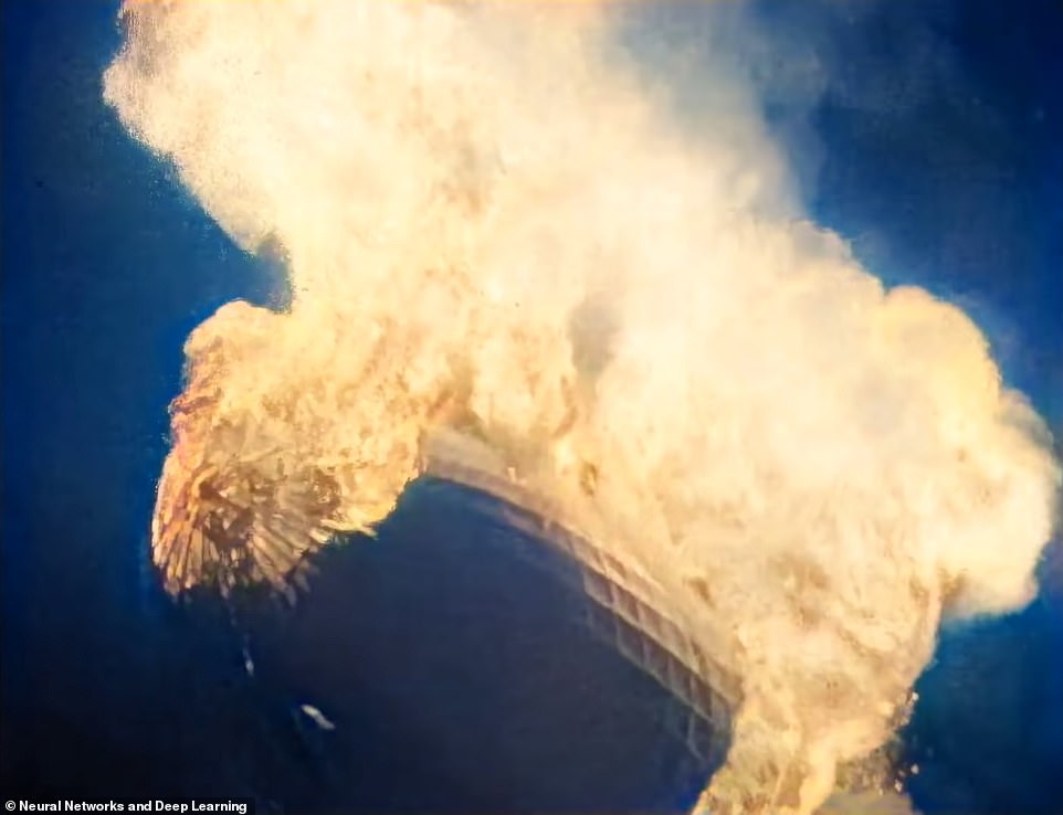 Image: Upgraded images from Neural Network and Deep Learning show the striking detail and color of the Hindenburg disaster 80 years after the crash in New Jersey.