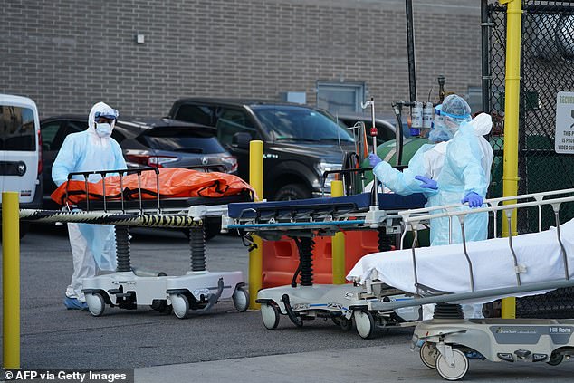 Scientists have developed a mathematical model to determine if US states are in a 'second growth period' of coronavirus infection.  Photo: The bodies were transported in a refrigerated truck serving as a makeshift morgue outside Wycoff Hospital during the April 4 coronavirus epidemic in Brooklyn, New York.