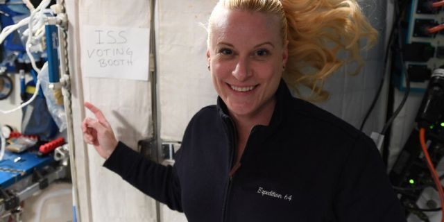 NASA astronaut Kate Rubins outside the voting booth at the International Space Station.  (NASA)