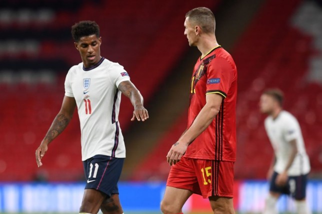 Manchester United star Marcus Rashford joins hands with Thomas Minier after England beat Belgium in the Nation League