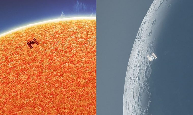 The photographer caught the ISS crossing the sun and moon from his yard