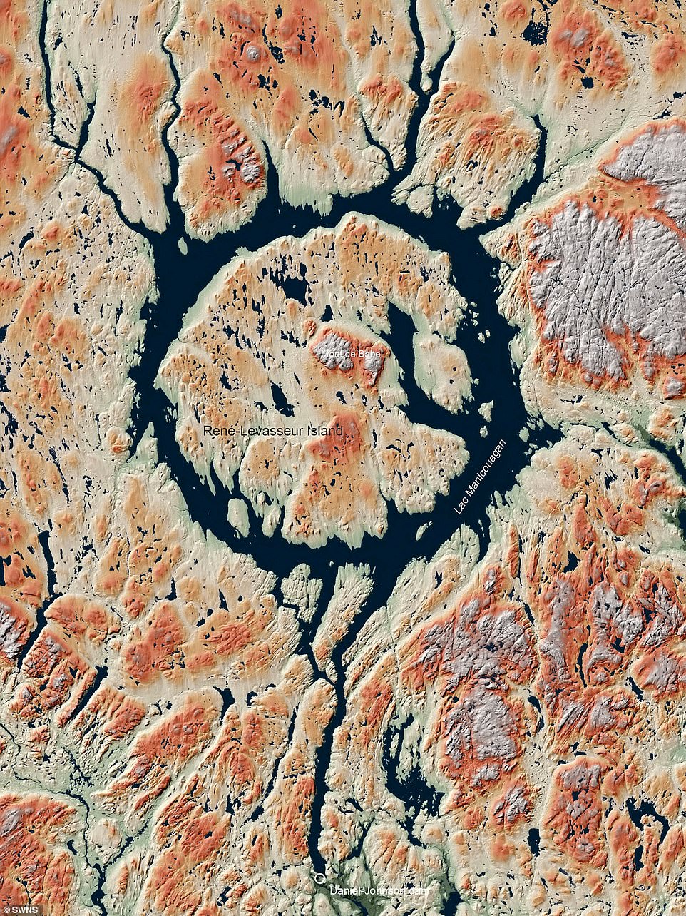 Between 2010 and 2016, researchers used a low-bit rabbit radar satellite called Tandem-X to measure every known microscope on the Earth's surface with an accuracy of up to one meter.  Picture: Manicoagan stands in Quebec, Canada