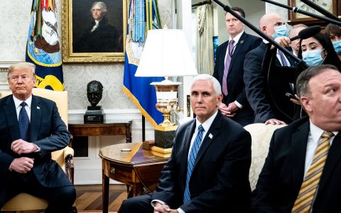 WASHINGTON, DC - JUNE 24: (L-R) U.S. President Donald Trump, Vice President Mike Pence and Secretary of State Mike Pompeo attend a meeting with Polish President Andrzej Duda in the Oval Office of the White House on June 24, 2020 in Washington, DC. Duda, who faces a tight re-election contest in four days, is Trump's first world leader visit from overseas since the coronavirus pandemic began. (Photo by Erin Schaff-Pool/Getty Images)