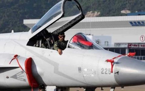 Pakistan Air Force personnel check a JF-17 Thunder fighter jet, which was featured in the movie.