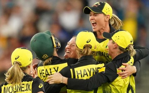Australia's women's Twenty20 cricket team recognizes Don Gong for winning the 2020 World Cup at the Sport Australia Hall of Fame Awards