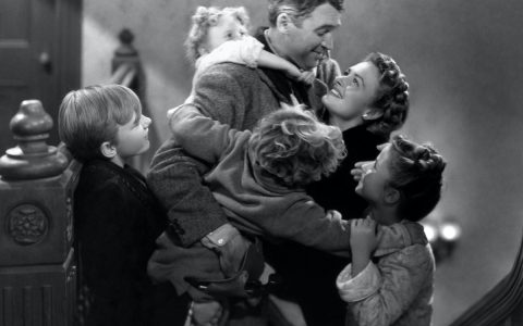 James Stewart, Donna Reed, Carol Coombs, Jimmy Hawkins, Larry Simms, and Karolyn Grimes in