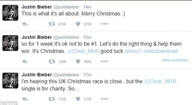 HISTORICAL: Justin was praised in 2015 after encouraging his fans to buy an NHS single back.