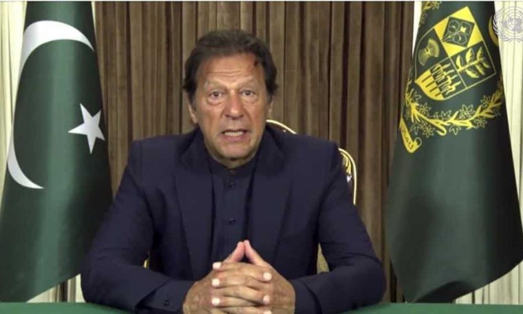 In this image made from UNTV video, Pakistan PM Imran Khan speaks in a pre-recorded message which was played during the UN General Assembly