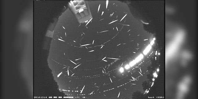 This composite image, taken during the 2014 Gemini Meter Shower Peak, shows more than 100 meters.  (NASA / MSFC / Daniel Mausser, NASA's Meteoride Environment Office)