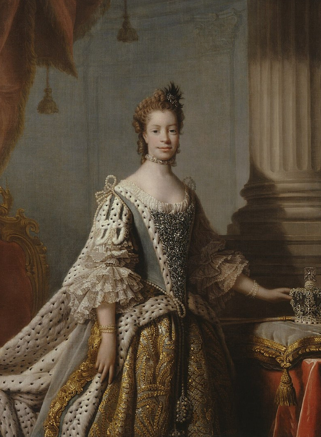 The painting shows Queen Charlotte standing with her hands on a surface wearing a beautiful dress