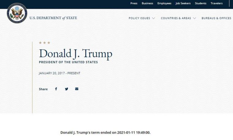 The US State Department website says that Trump's term is 'ending on January 11'.  world