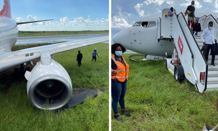 Boeing 737 ends with all wheels on grass at landing event
