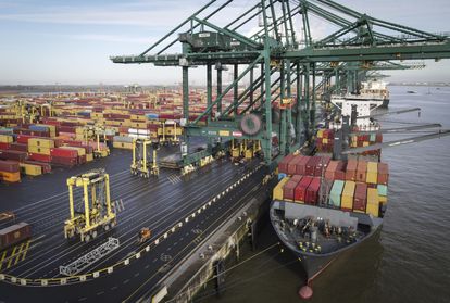 A ship unloads containers at the port of Antwerp (Belgium) in February.