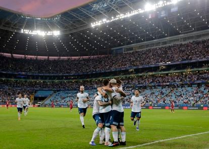 The Argentina national team celebrates a goal in the 2019 Copa America played in Brazil.
