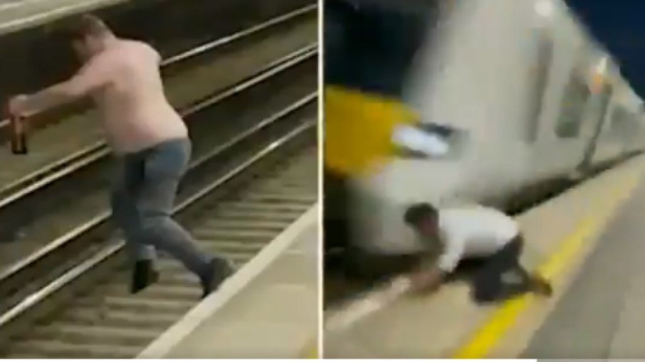 Drunk man jumps on railway track just before train passes 