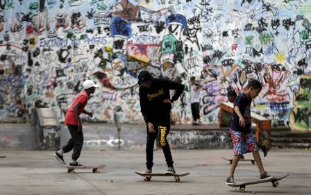 Young skaters at the first skate park in Latin America in Nova Iguaçu, Baxada Fluminense