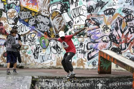 Young skaters juggle at Baxada Fluminense, Latin America's first skate park, Nova Iguaçu