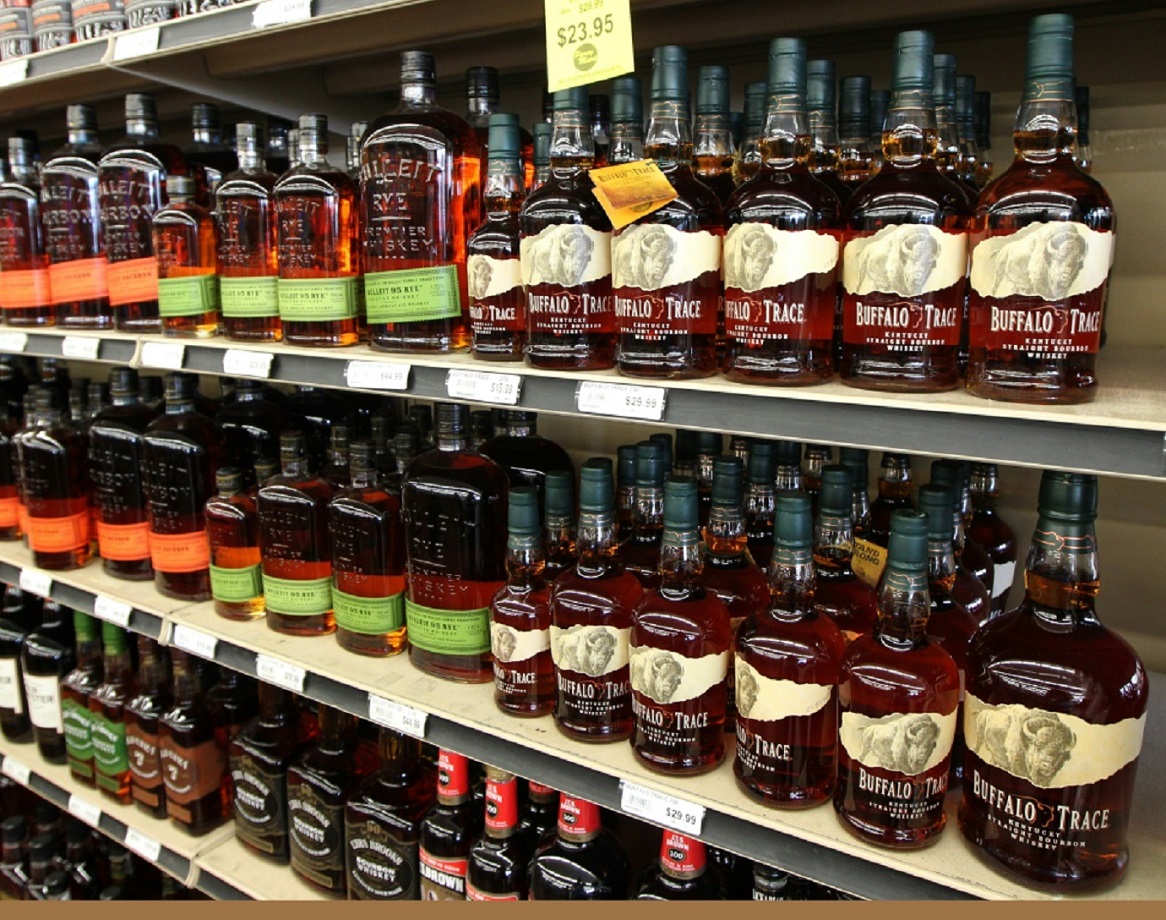 Bottles of bourbon on the shelf of a liquor store in Louisville, Kentucky, June 2018