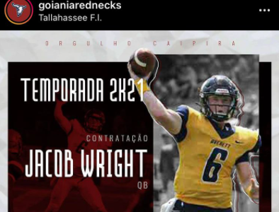 O Goiânia Rednecks anunciou nesta segunda-feira (25) a contratação do quarterback (QB) Jacob Wright, ex-Stuttgart Surge, que chegaria para a reforçar a Taça Cairo Santos em novembro
