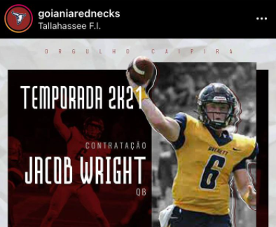 O Goiânia Rednecks anunciou nesta segunda-feira (25) a contratação do quarterback (QB) Jacob Wright, ex-Stuttgart Surge, que chegaria para a reforçar a Taça Cairo Santos em novembro