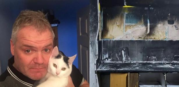 The cat scratches the owner's face until he wakes up and saves him from the fire