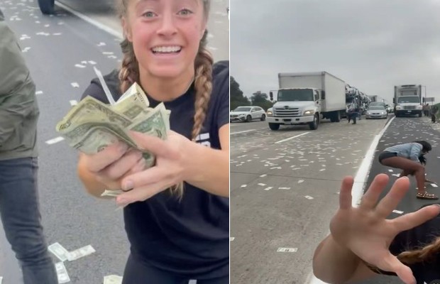 The road in America is covered with cash after the armored truck door opened (Photo: Reproduction/Instagram)