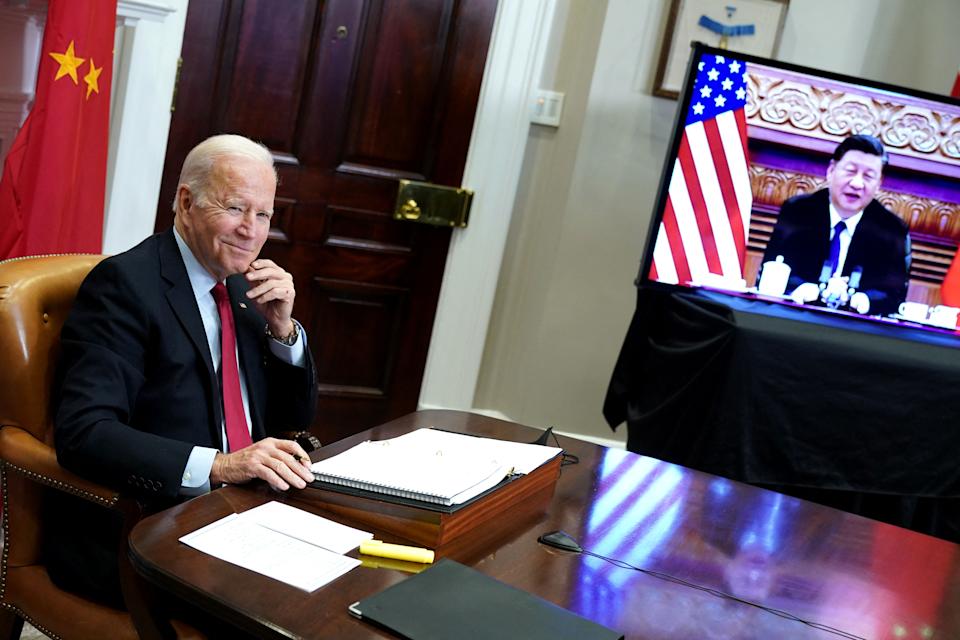 US President Joe Biden meets with President Xi Jinping of China during a virtual summit from the Roosevelt Room of the White House in Washington, DC, November 15, 2021.  (Photo by Mandel NGAN / AFP) (Photo by Mandel NGAN / AFP via Getty Images)